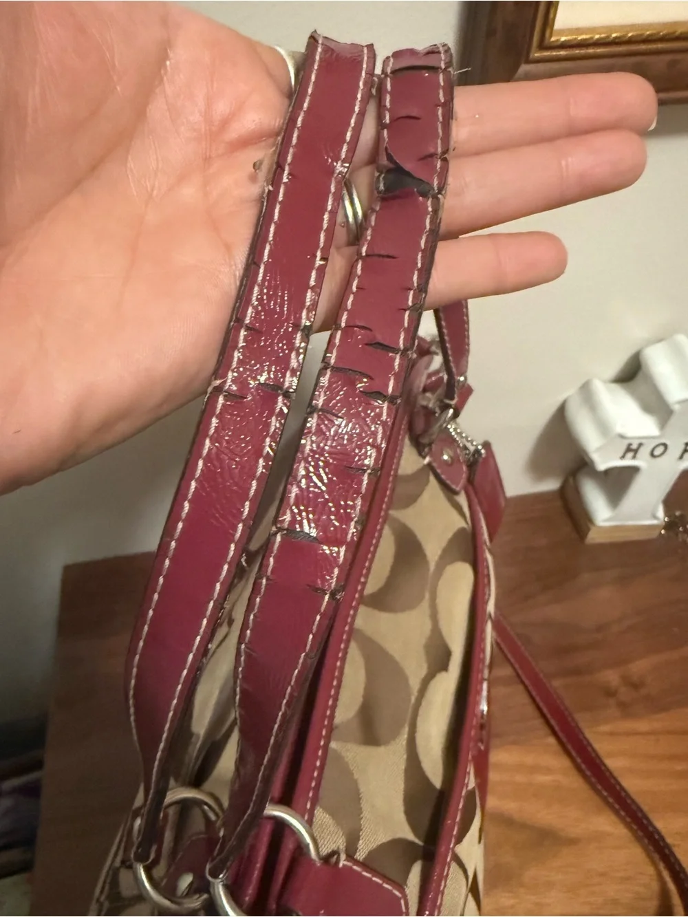 Coach Beige Signature Canvas Shoulder Bag with Red Trim